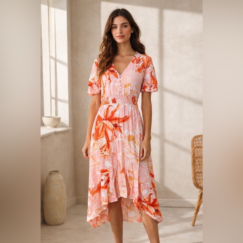 Anthropologie Abel The Label Flower Bomb Midi Dress Medium Pink Floral Boho